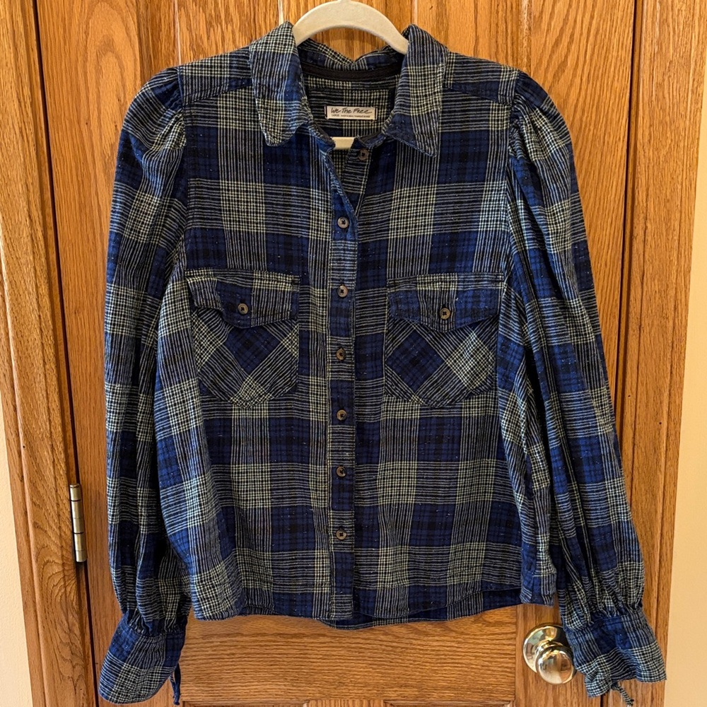 We The Free Navy and Sage Green Plaid Button-Down Shirt with Laced Tie Cuffs